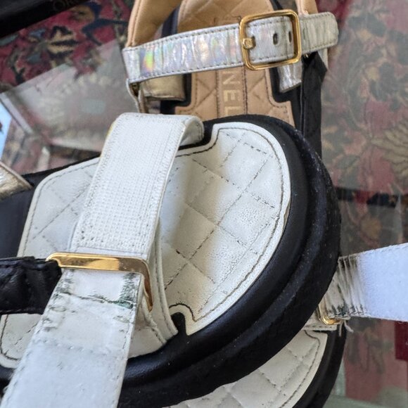 Chanel Dad Sandals Black White Tan Holographic Strap Euro Size 38 US Size 7.5 - Picture 5 of 13